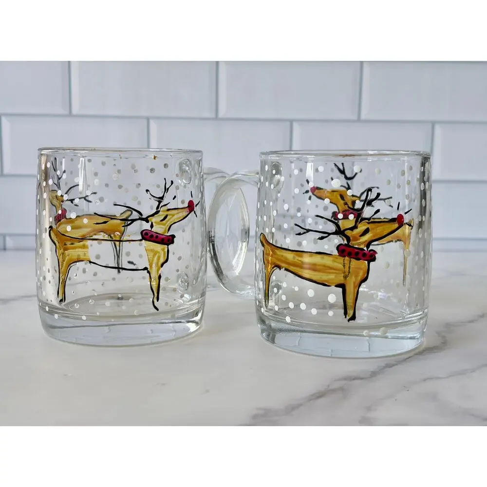 Vintage Pair Luminarc Holiday Christmas Rudolph Reindeer Snow Glass Mugs